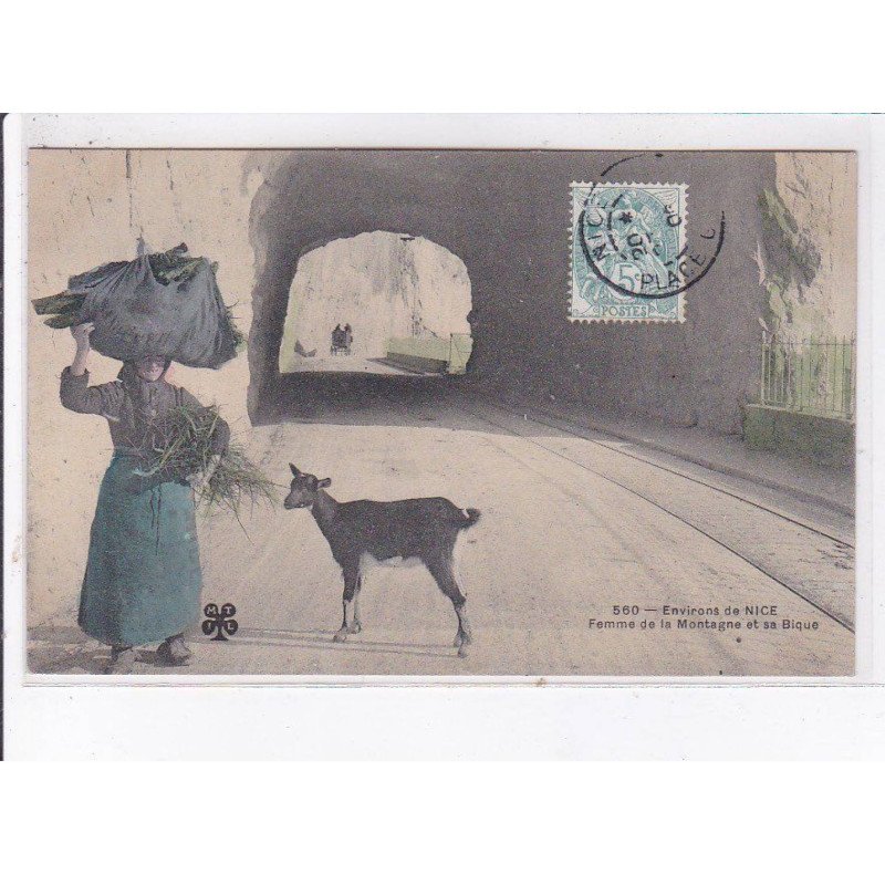 environs de NICE: femme de la montagne et sa bique, rare en couleur - très bon état