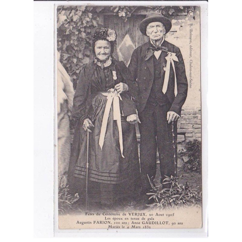 VERJUS: fêtes du centenaire de 1905, les époux en tenue de gala - très bon état