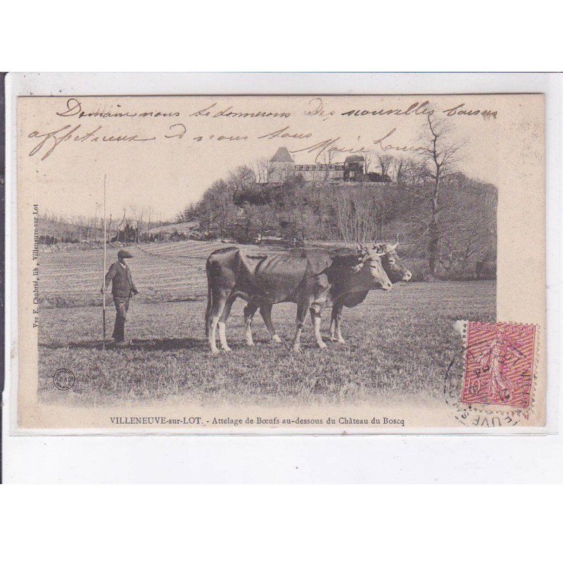 VILLENEUVE-sur-LOT: attelage de boeufs au-dessous du château du boscq - très bon état