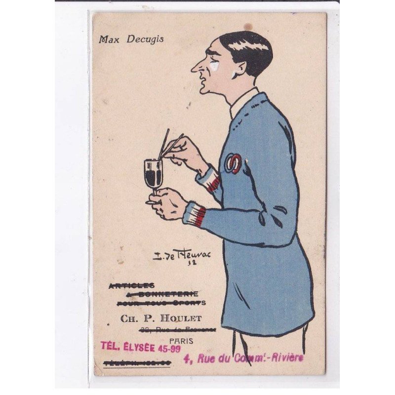 PUBLICITE : Max Decugis illustrée par de Fleurac (bonneterie Houte à Paris) - état