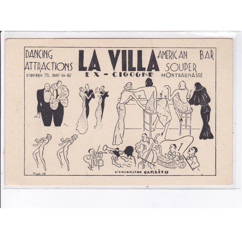 PUBLICITE : La Villa  (ex-cigogne)- dancing american bar à Montparnasse (Paris) - orchestre Carlito - très bon état