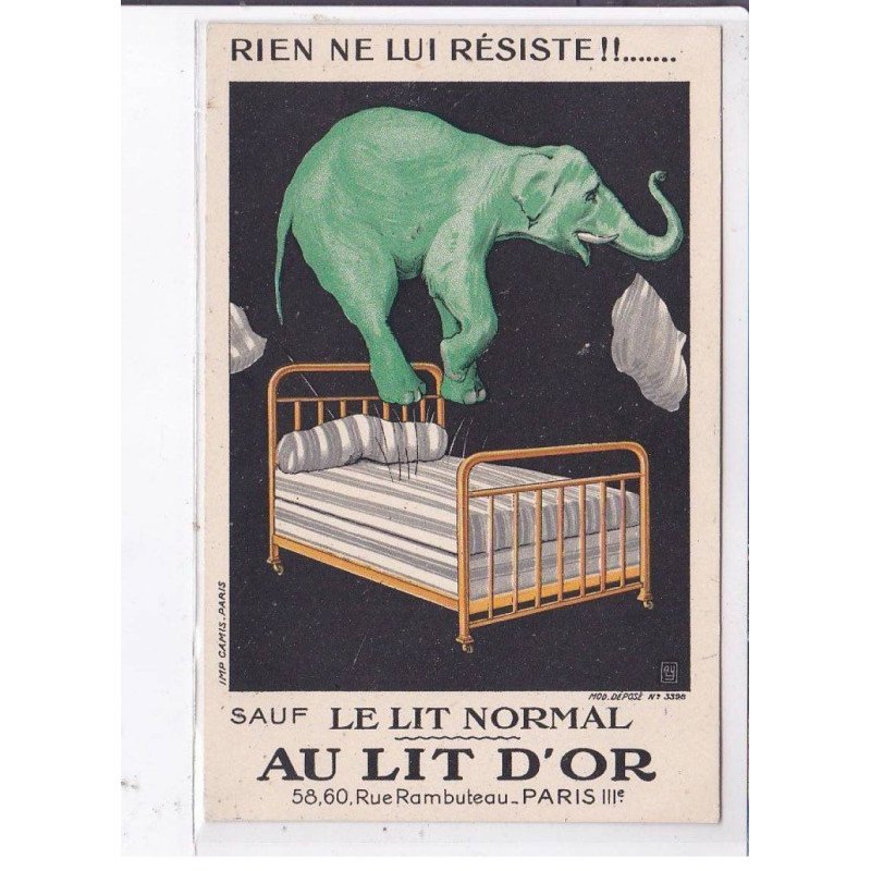 PUBLICITE : magasin "au Lit d'Or" rue Rambuteau à Paris (éléphant - matelas) - très bon état