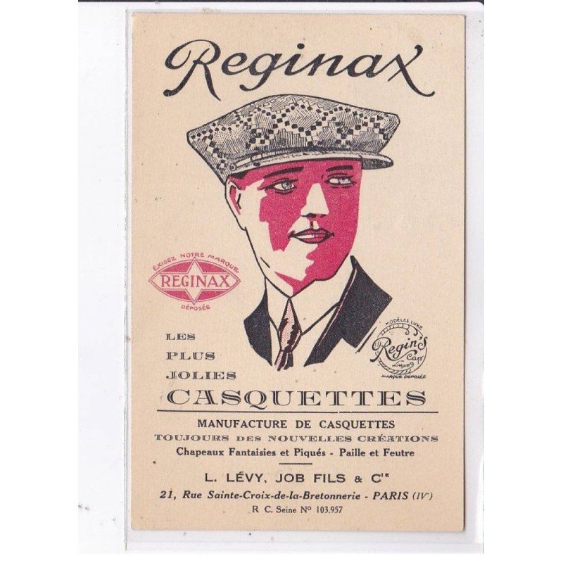 PUBLICITE : REGINAX - les plus jolies casquettes (LEVY JOB et fils - judaica) - très bon état
