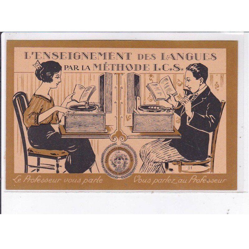 PUBLICITE : l'enseignement des langues par la méthode I.C.S. (phonographe)- très bon état