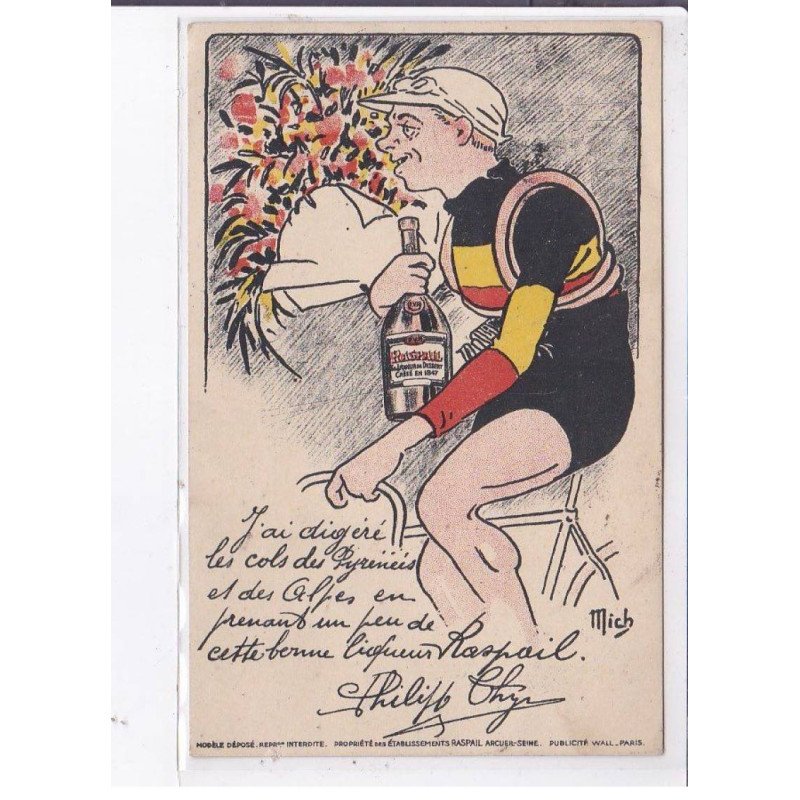 PUBLICITE : la liqueur Raspail (illustrée par Mich - vélo - cyclisme) - très bon état