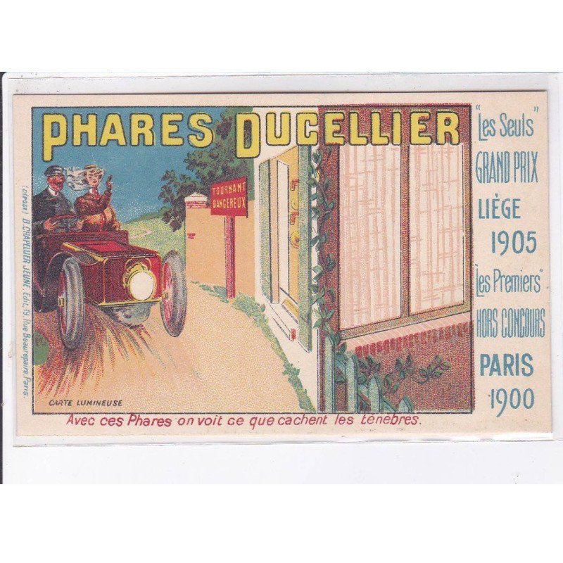 PUBLICITE : phares Ducellier (carte lumineuse - hold to light - automobile) - très bon état