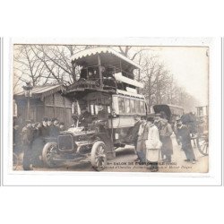 PARIS : carte photo d'un autobus Peugeot au salon de l'automobile en 1905 -  très bon état