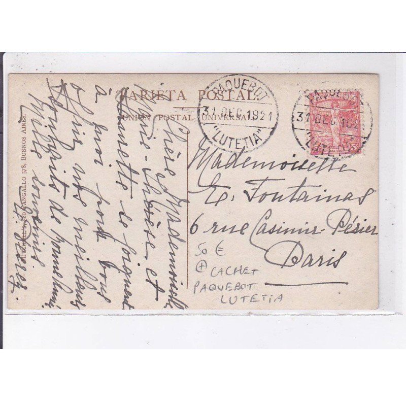 BUENOS AIRES: avenida rivadavia y callo, cachet, paquebot lutetia - très bon état