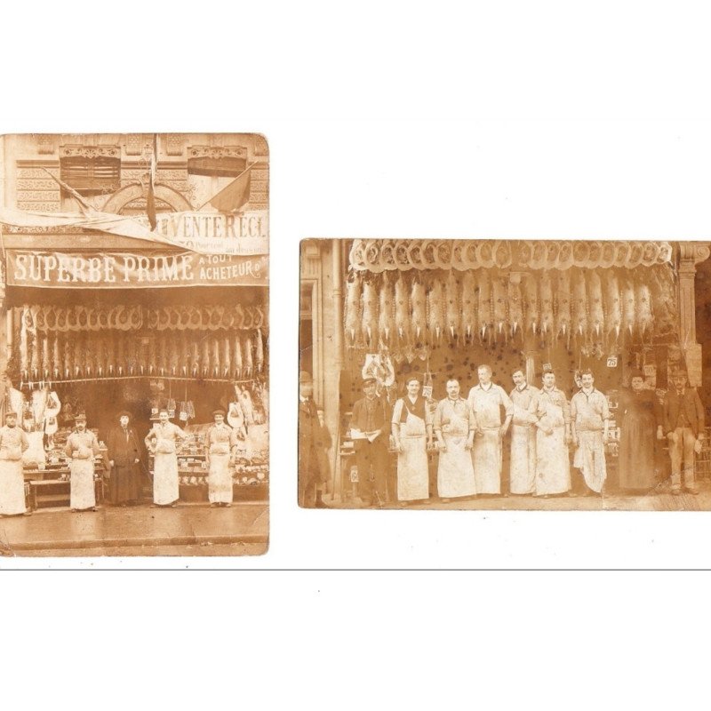 PARIS : lot de 2 cartes photo d'une boucherie parisienne vers 1910 - bon état PARIS : lot de 2 cartes photo d'une boucherie parisienne vers 1910 - bon état