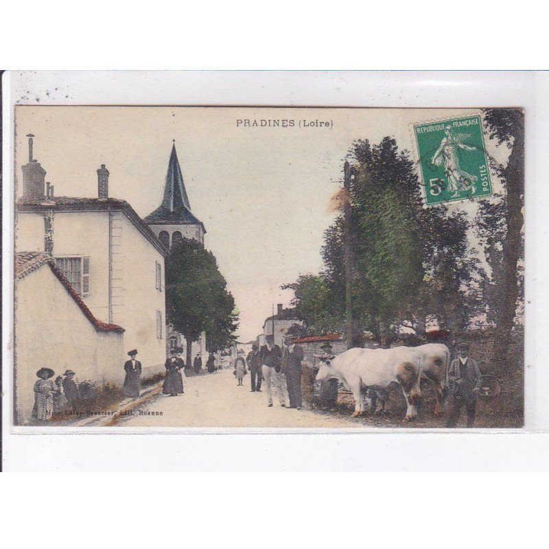 PRADINES: scène de village, boeufs - état