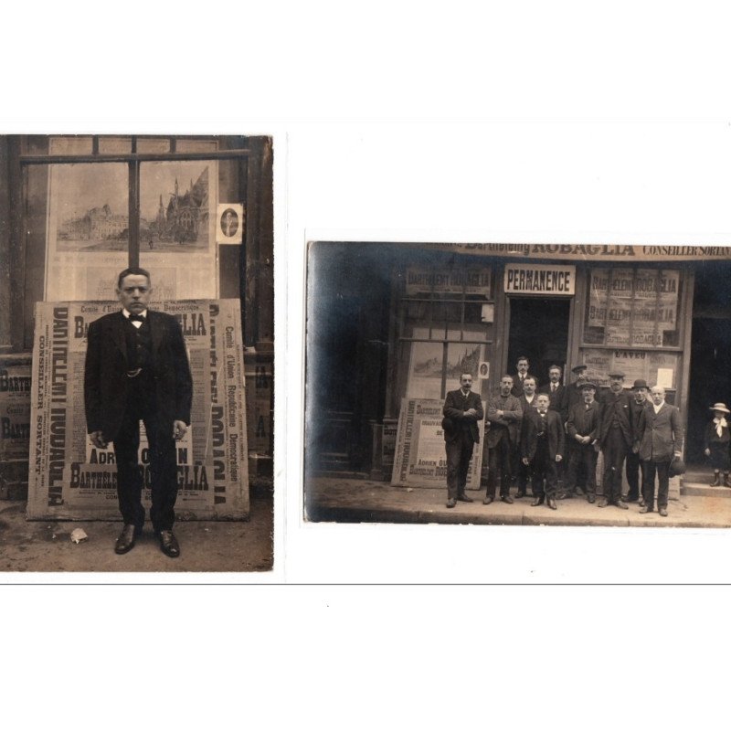 PARIS 05 : lot de 2 cartes photo de la permanence de Batrhelemy ROBAGLIA (homme politique) vers 1910 - très bon état