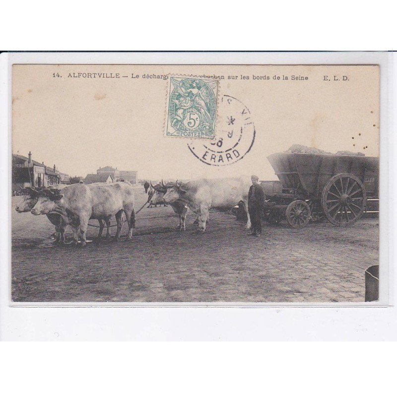 ALFORTVILLE: le déchargement de charbon sur les bords de la seine, boeufs, attelage - très bon état