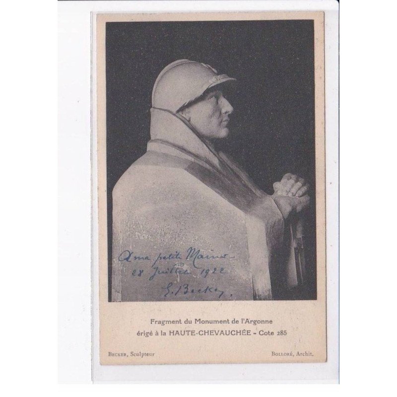LA HAUTE-CHEVAUCHEE: fragment du monument de l'argonne, autographe du sculpteur Becker - très bon état