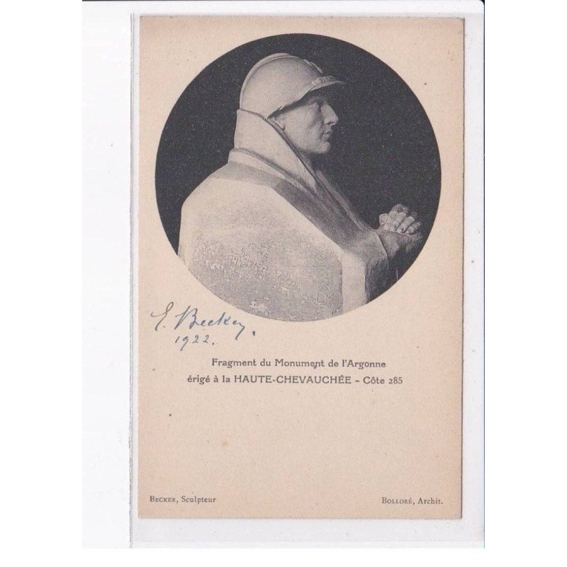 LA HAUTE-CHEVAUCHEE: fragment du monument de l'argonne, autographe du sculpteur Becker - très bon état