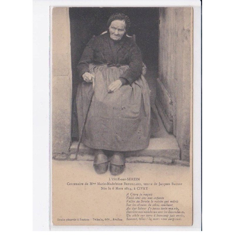 L'ISLE-sur-SEREIN: centenaire Mme Marie-Madeleine Breuillard - très bon état