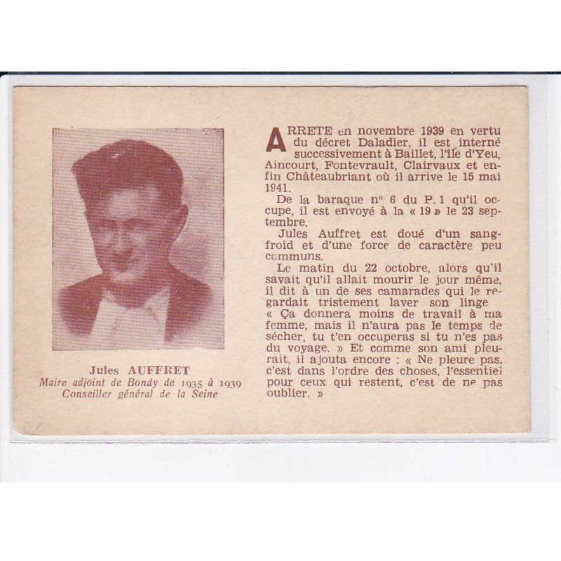 BONDY: Jules Auffret maire adjoint de bondy de 1935 à 1939 conseiller général de la seine - état