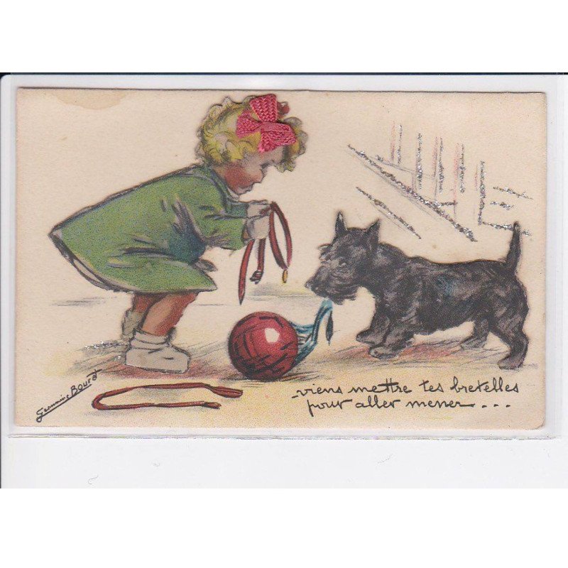 BOURET Germaine : carte postale a systeme (chien) - état