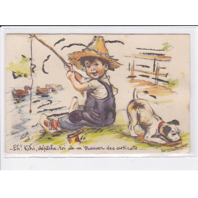BOURET Germaine : carte postale a systeme (chien - peche) -  très bon état