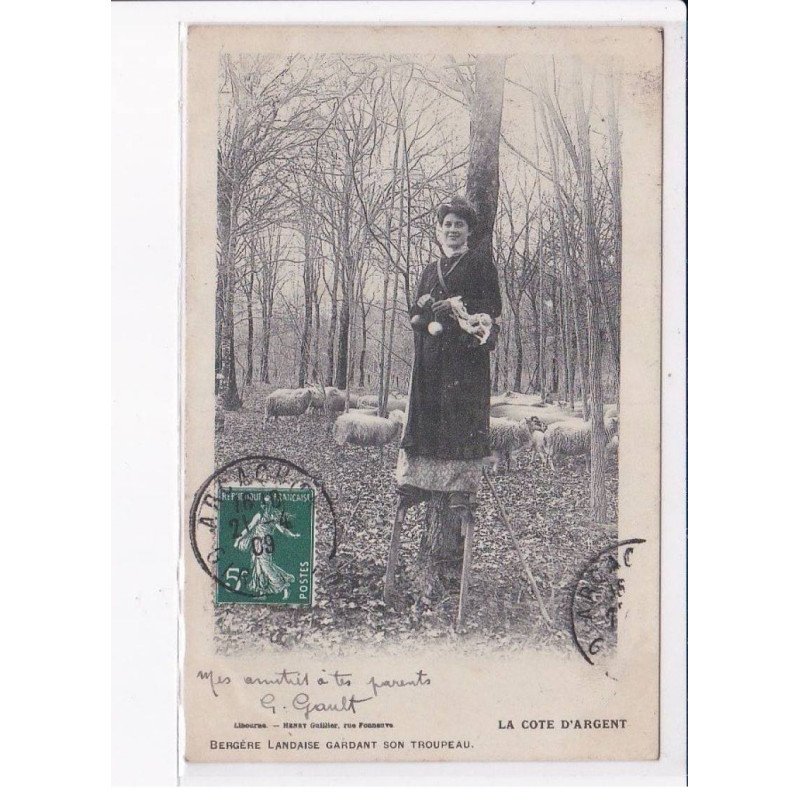 LANDE: bergère landaise gardant son troupeau - très bon état