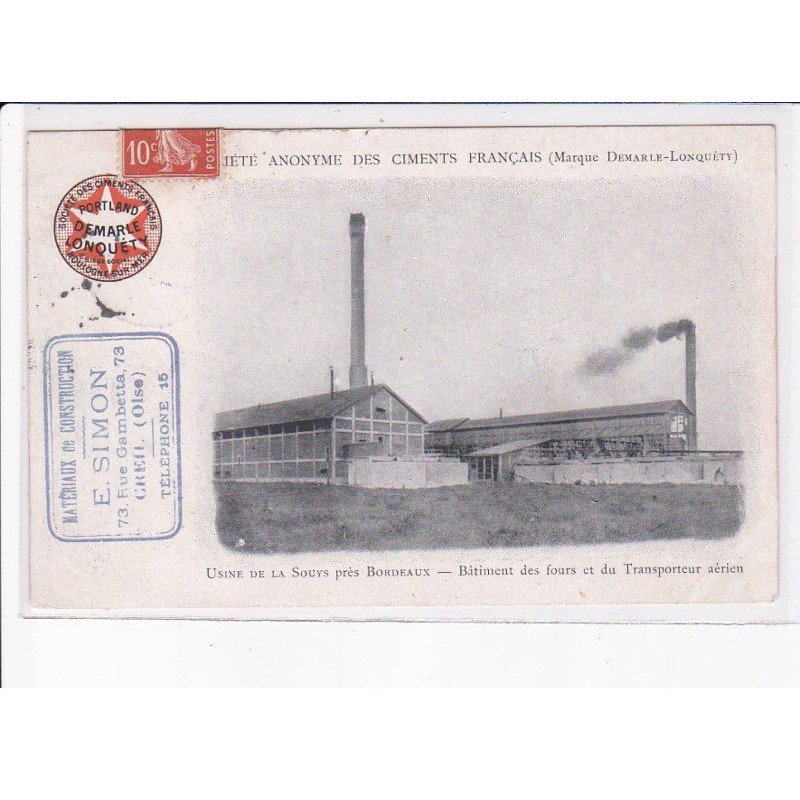 CREIL: société anonyme des ciments français, usine de la souys, bâtiment des fours du transporteur aérien- très bon état