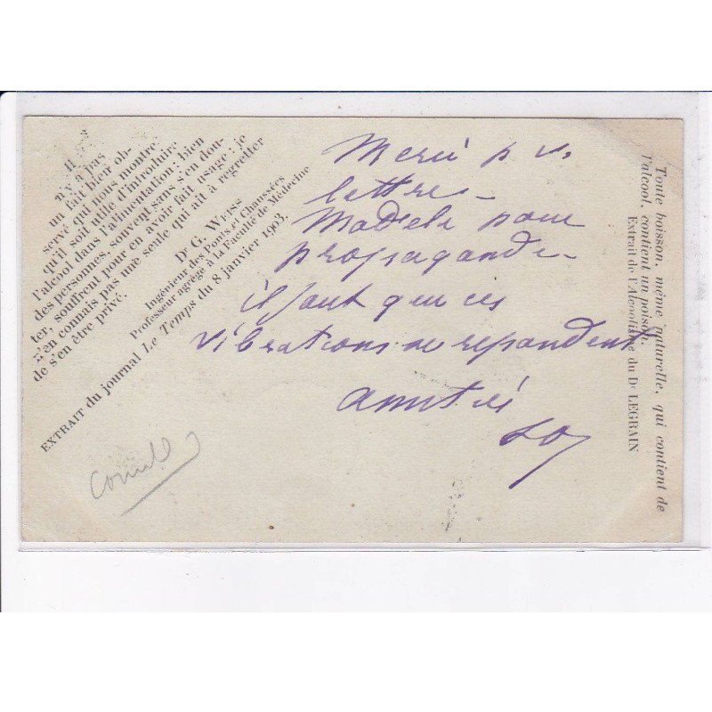 ALCOOL: entier postal - très bon état