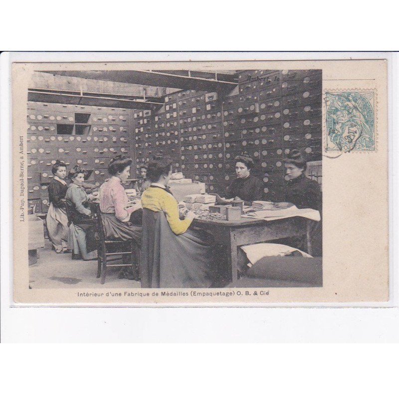 AMBERT: intérieur d'une fabrique de médailles (empaquetage) O.B. et Cie - très bon état (rare en couleur)