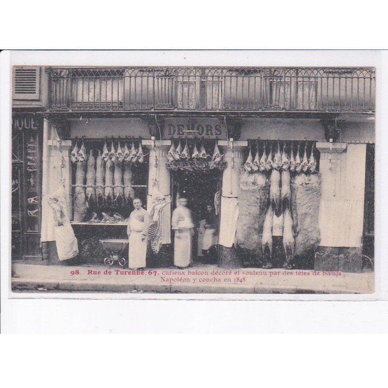 PARIS: 75003 curieux balon décoré et soutenu par des têtes de boeufs 98 rue de turenne, boucherie - très bon état