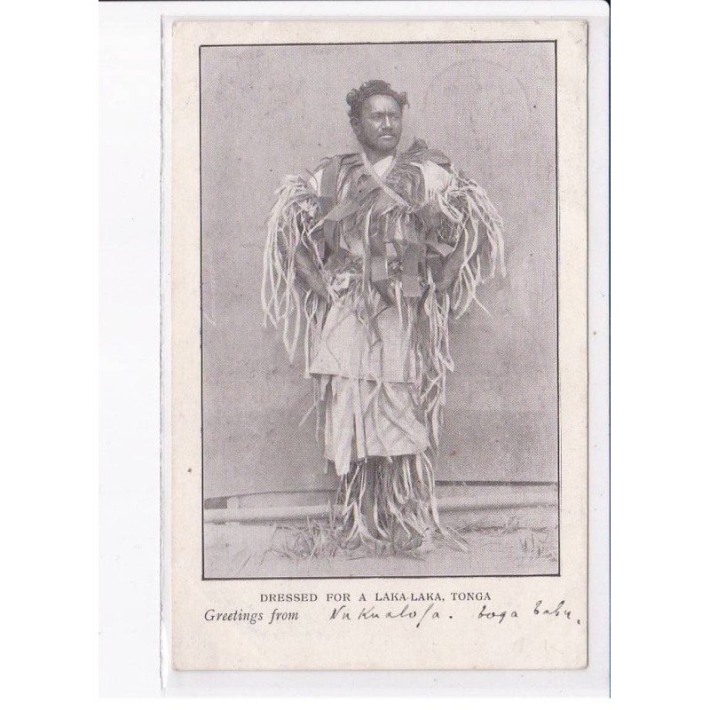 TONGA: dressed for laka-laka, greetings from, envoyée à tahiti - très bon état