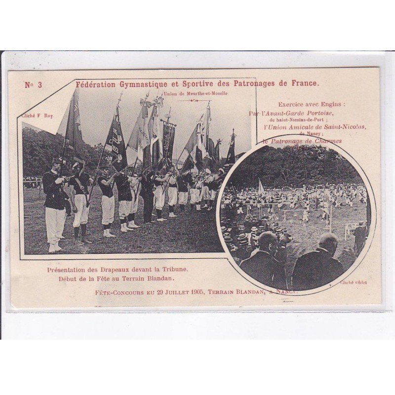 NANCY: fédération gymnastique et sportive des patronage de france, présentation des drapeaux - très bon état