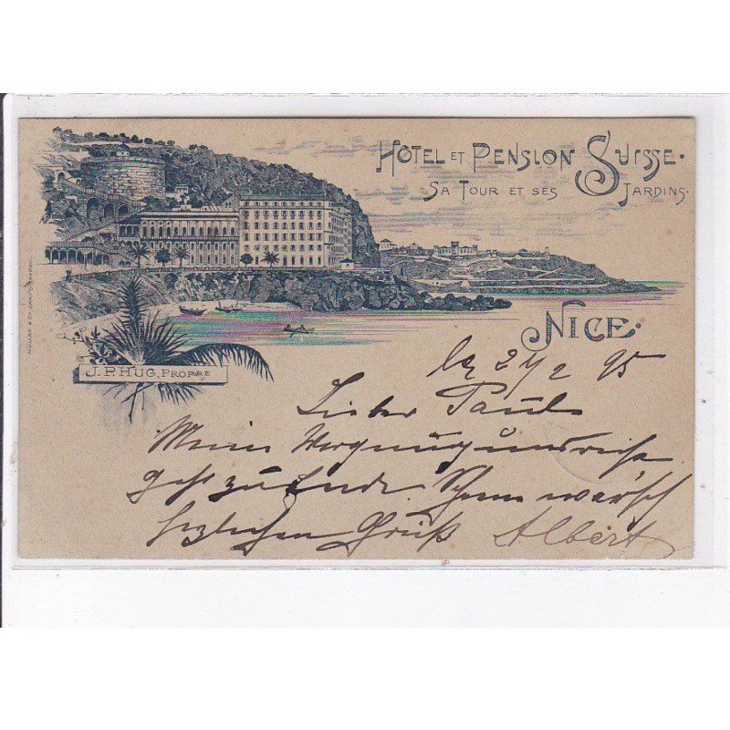 NICE: hôtel et pension suisse, sa tour et ses jardins - bon état (un leger pli d'angle)