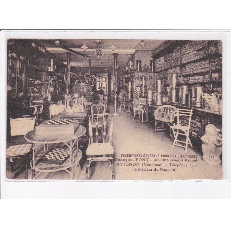 AVIGNON: fournitures générale pour hôtels et cafés, françois font, intérieur du magasin, jeu de dames - très bon état
