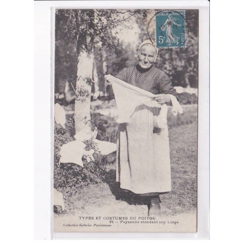 VIENNE: types et costumes du poitou, paysanne etendant son linge - état