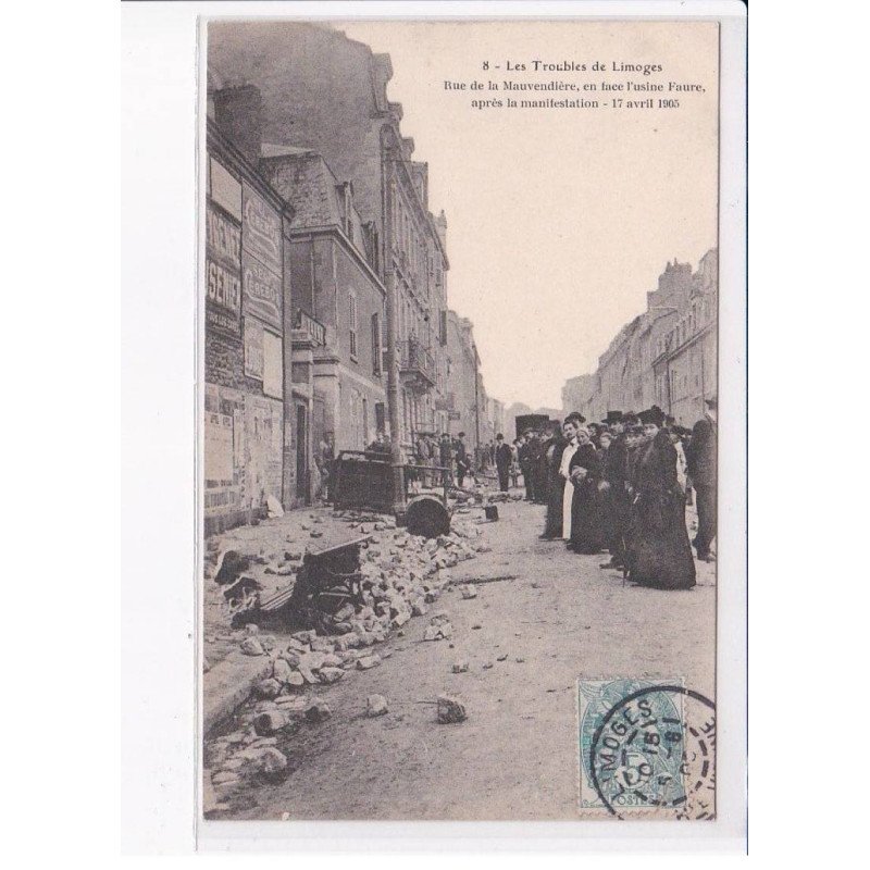 LIMOGES: troubles de limoges rue de la mauvendière en face l'usine faure après la manifestation 1905 - très bon état
