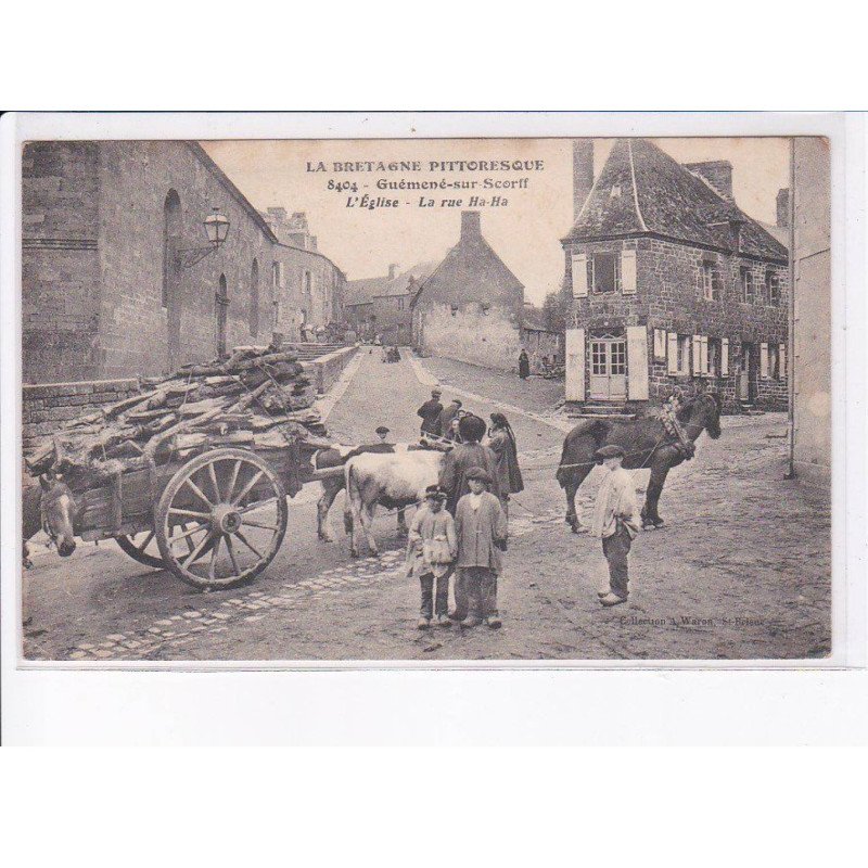 GUEMENE-sur-SCORFF: l'église, la rue ha-ha, attelage, transport du bois, attelage - très bon état