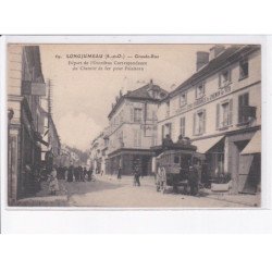 LONGJUMEAU: grande-rue, départ de l'omnibus correspondance du chemin de fer pour palaiseau, attelage - très bon état