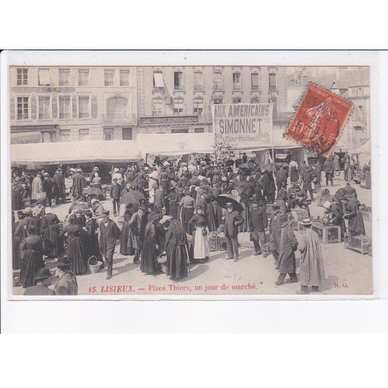 LISIEUX: place thiers, un jour de marché, aux américains simonnet - très bon état