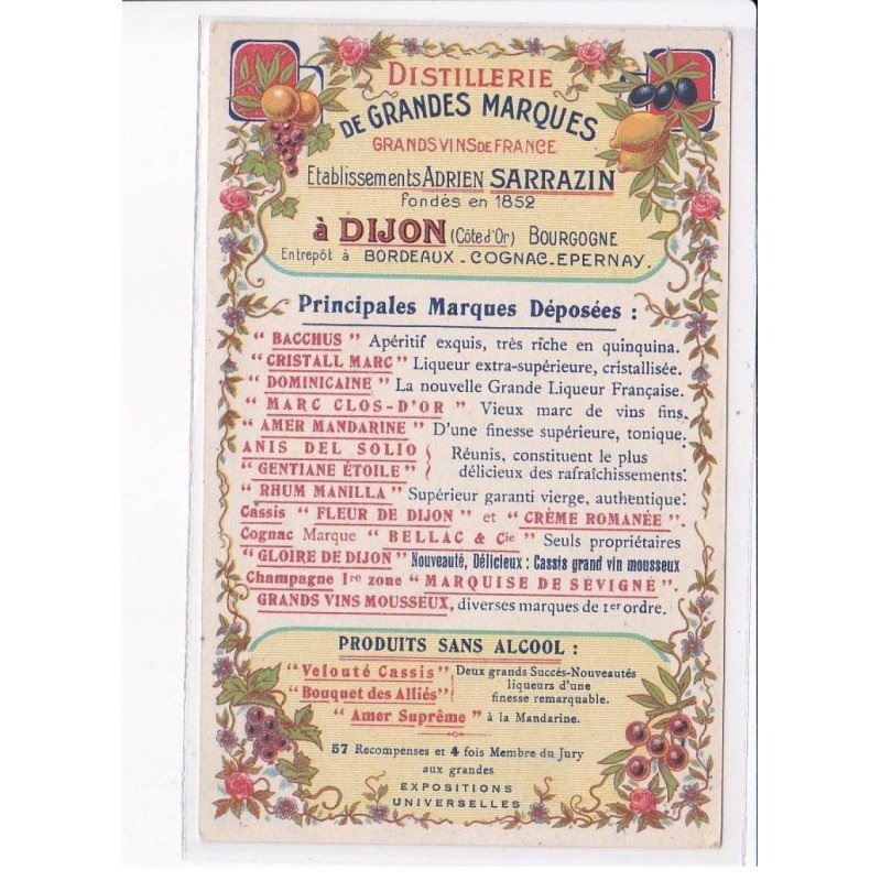 DIJON: publicité, distillerie de grandes marques, Adrien Sarrazin - très bon état