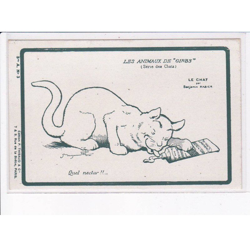 ILLUSTRATEUR Benjamin RABIER: les animaux de "gibbs" série des chats, le Chat, quel nectar!! - très bon état