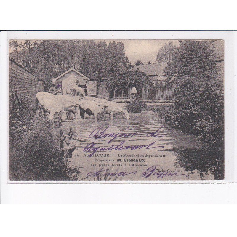 AGUILCOURT: le moulin et ses dépendances, M. Vigreux, les jeunes boeufs à l'abreuvoir - très bon état