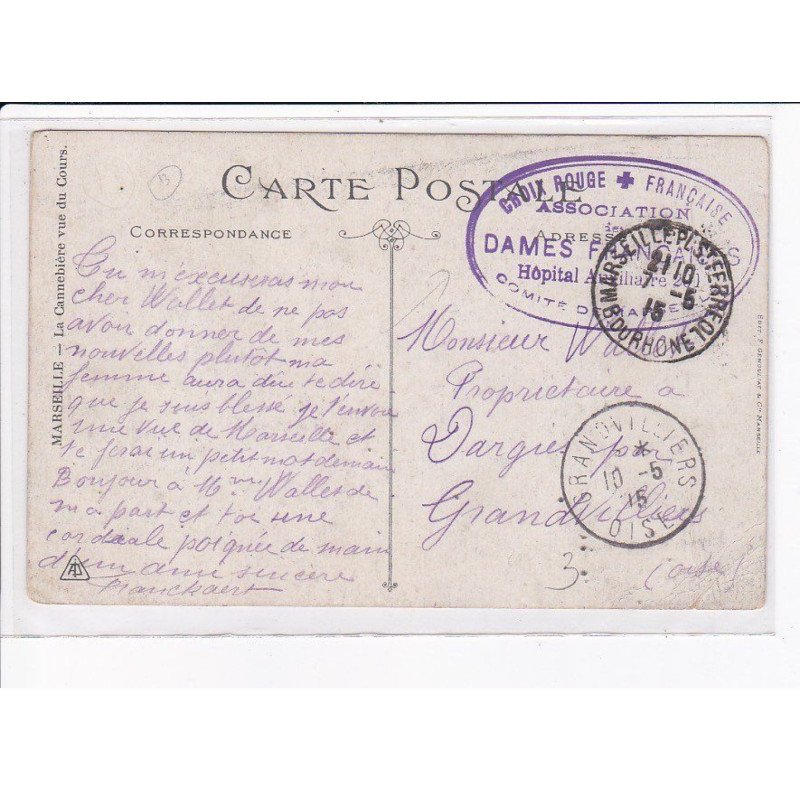 CACHET: croix rouge française association dames françaises hôpital auxiliaire, comité de marseille - très bon état
