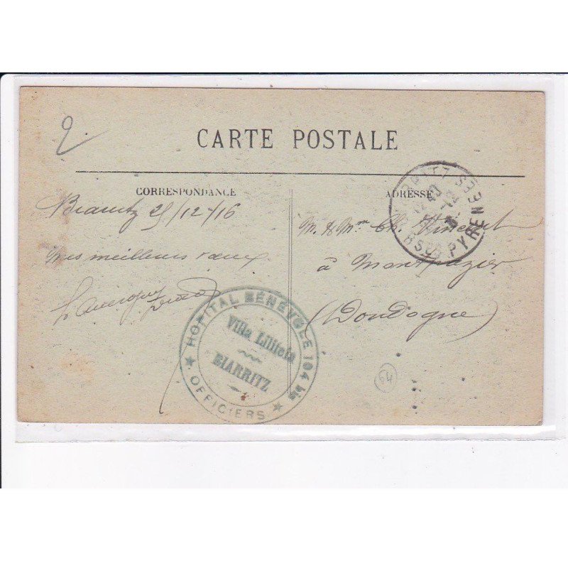 CACHET: hôpital bénévole 104 bis, officiers, villa lililfeia, biarritz - très bon état