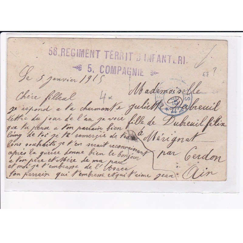 CACHET: 56 régiment territ d'infanterie 5e compagnie - très bon état