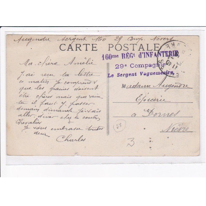 CACHET: 160e régiment d'infanterie 29e compagnie le sergent vaguementre - très bon état