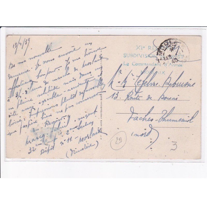 CACHET: XIe région subdivision de brest, le commandant d'armes, morlaix - très bon état