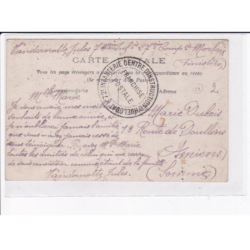 CACHET: 72e infanterie centre d'instruction d'huelgoat franchise postale - très bon état