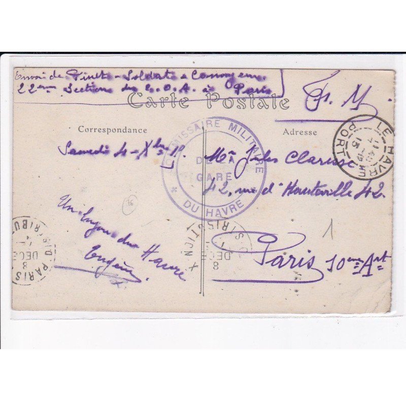 CACHET: commissaire militaire du havre, de la gare - très bon état