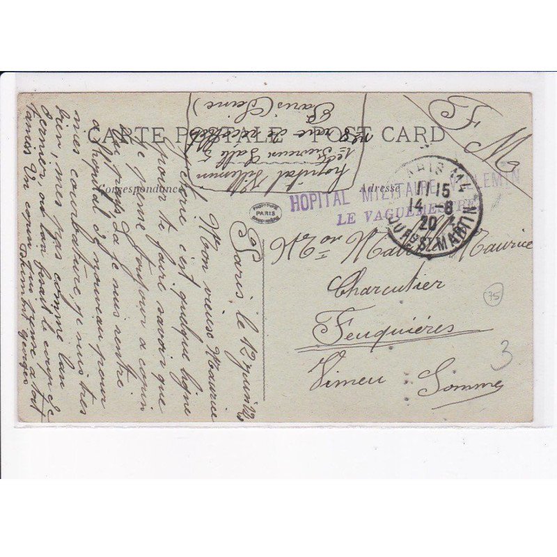 CACHET: hôpital militaire, villemin, le vaguemestre - très bon état