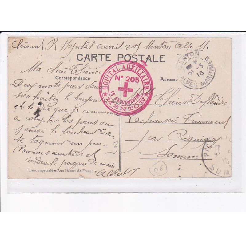 CACHET: hôpital auxiliaire, menton n°205 - très bon état