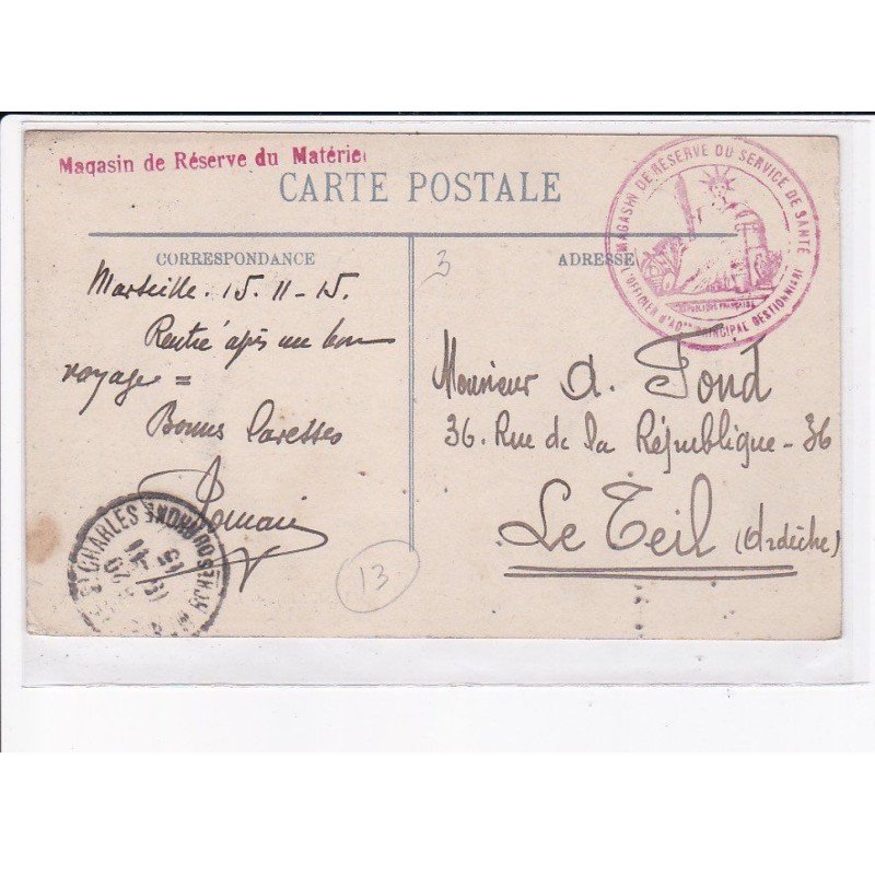 CACHET: magasin de réserve du matériel du service de santé, l'officier d'administration principal gestio - très bon état