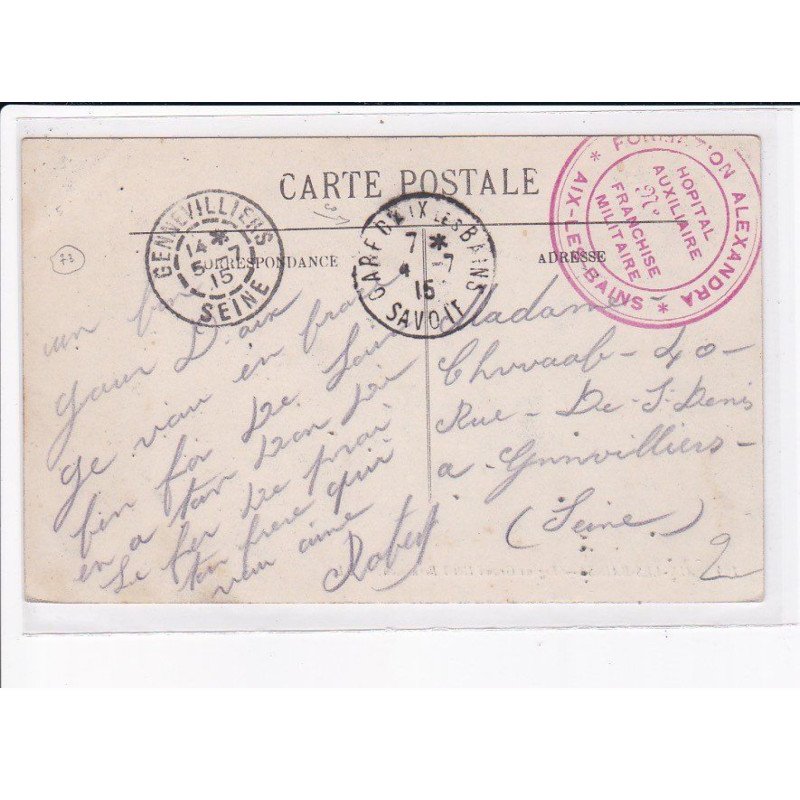 CACHET: fondation alexandra, aix-les-bains, hôpital auxiliaire, franchise militaire - très bon état